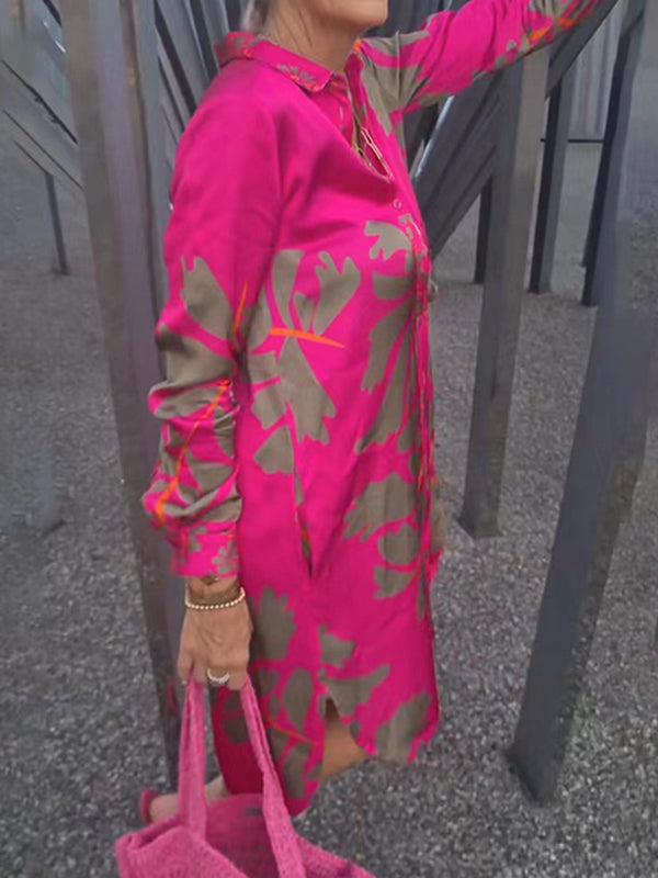 Buttoned Pockets Printed Split-Joint High Waisted High-Low Lapel Shirt Dress Midi Dresses
