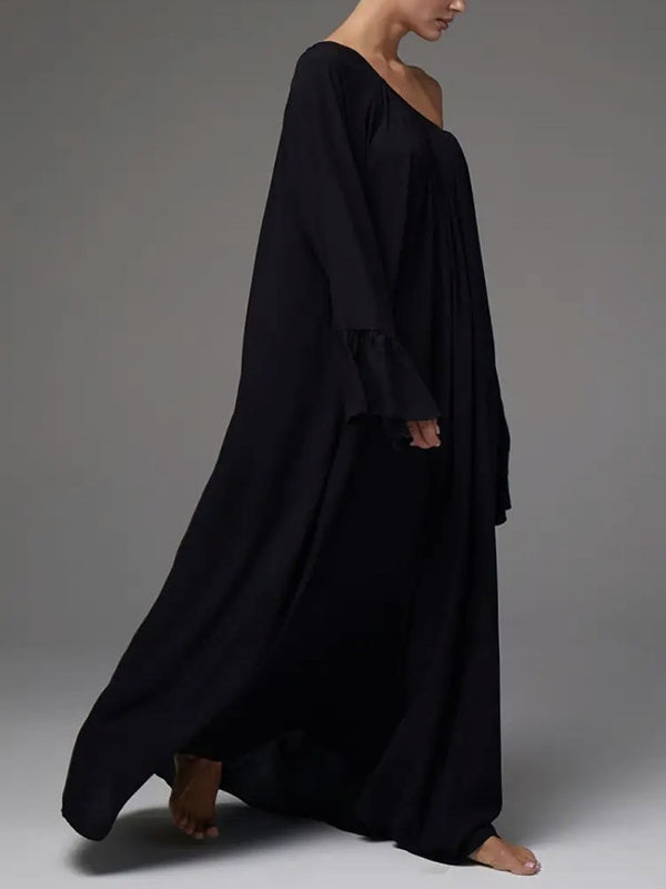 Pleated Solid Color Split-Joint Flared Sleeves Loose Round-Neck Maxi Dresses