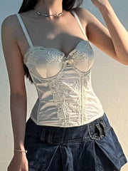 Elegant Strap Satin Lace Patchwork Short Top