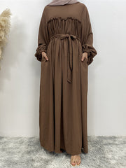 Elasticity Muslim Pleated Solid Color Split-Joint Tied Waist Bishop Sleeve Long Sleeves Round-Neck Maxi Dresses