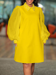 Beads Mesh Solid Color Split-Joint Puff Sleeves Round-neck Midi Dresses