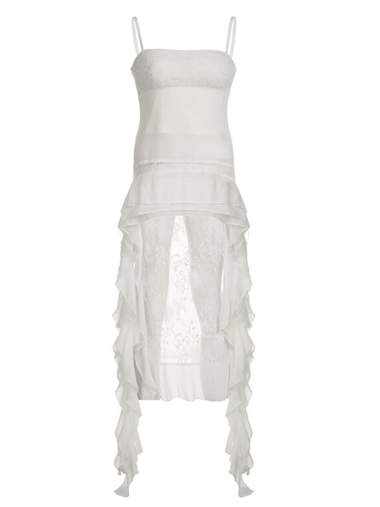 White Chiffon Lace Patchwork Ruffles Top