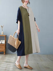 Contrast Color Half Sleeves Loose Round-neck Midi Dresses