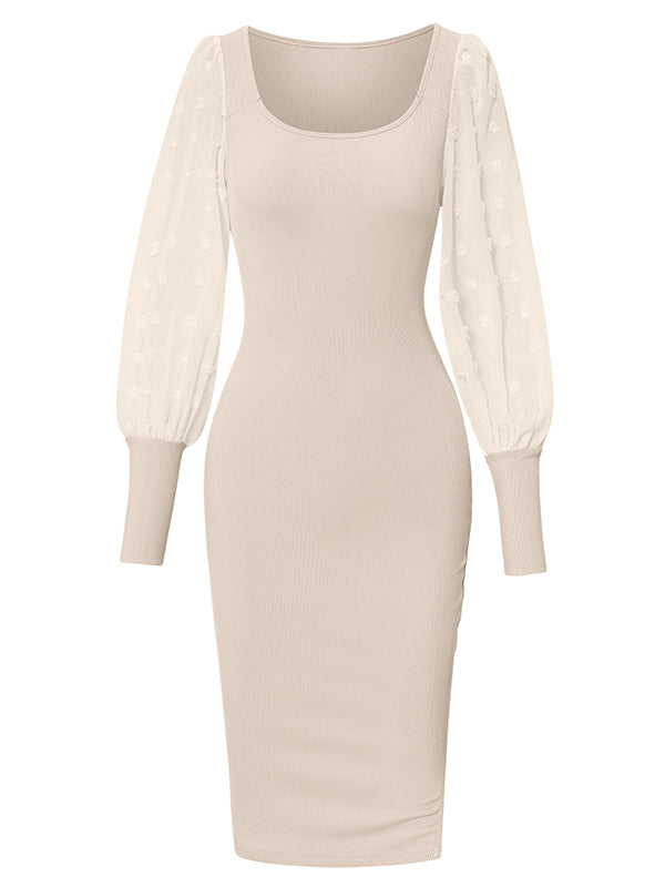 Vacation Puff Sleeves Mesh Solid Color U-Neck Dress