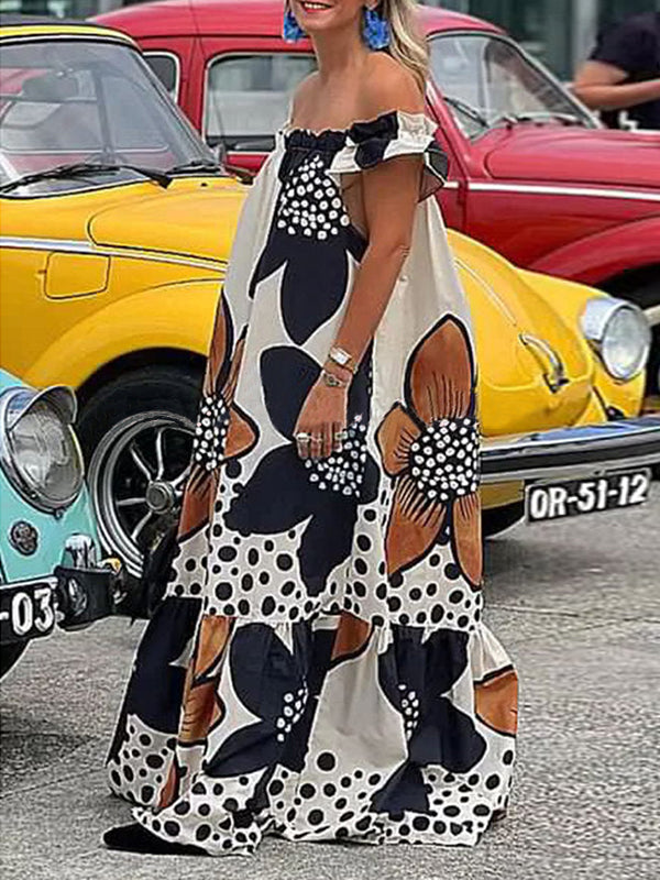 Flower Print Split-Joint Loose Short Sleeves Off-The-Shoulder Maxi Dresses