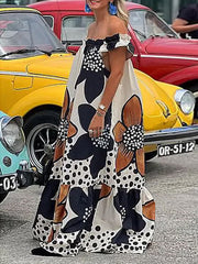 Flower Print Split-Joint Loose Short Sleeves Off-The-Shoulder Maxi Dresses