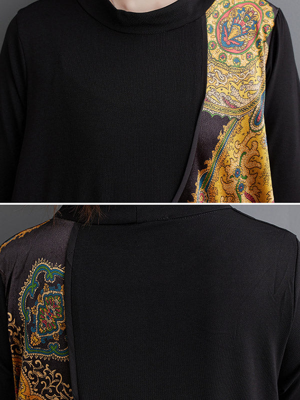 Asymmetric Printed Split-Joint Long Sleeves Loose Round-Neck Midi Dresses