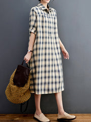 Plaid Half Sleeves Loose Lapel Midi Dresses