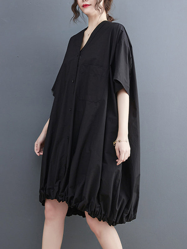 Solid Color Loose Short Sleeves V-neck Midi Dresses