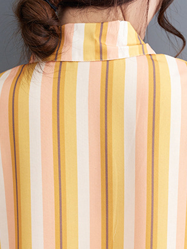 Split-Joint Striped Loose Short Sleeves Lapel Midi Dresses
