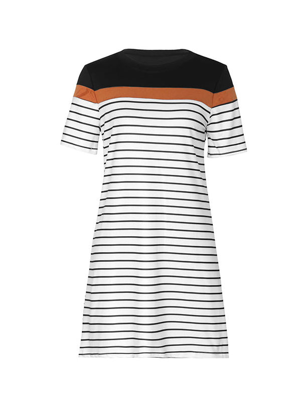 Contrast Color Striped Loose Short Sleeves Round-Neck Mini Dresses