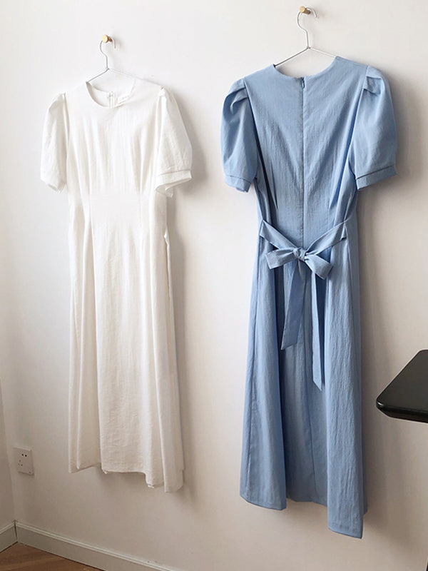 Original Creation Loose Short Sleeves Solid Color Round-Neck Midi Dresses