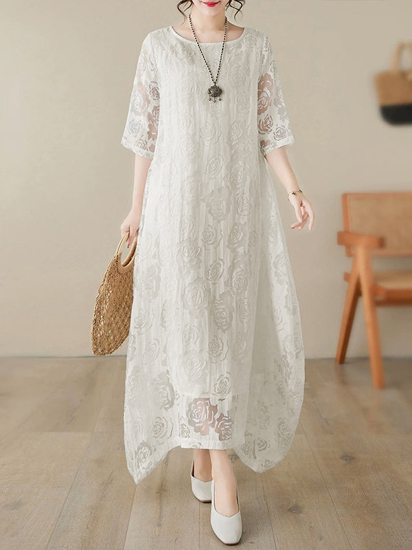 Gauze See-Through Solid Color Half Sleeves Loose Round-Neck Maxi Dresses