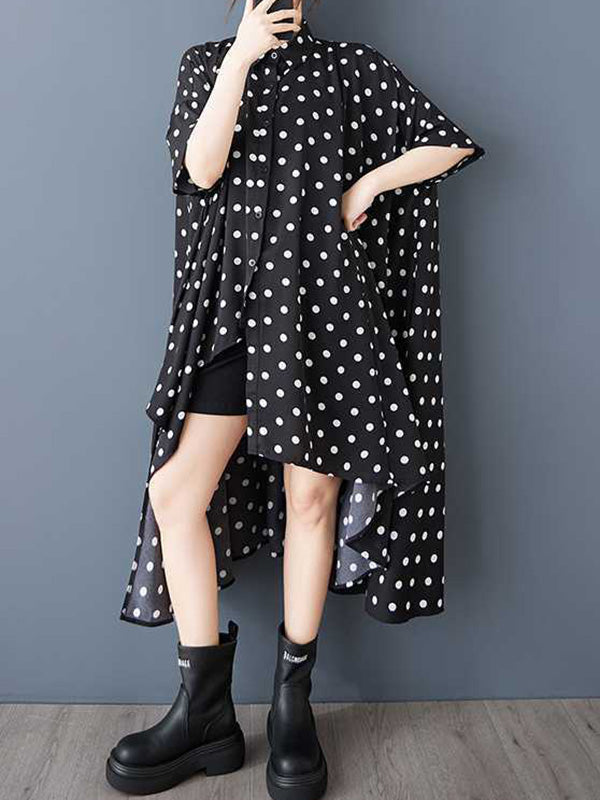 Asymmetric Buttoned Polka-Dot A-Line High-Low Lapel Shirt Dress Midi Dresses