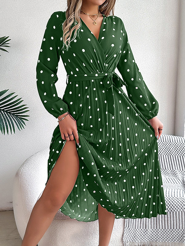 Elasticity Pleated Polka-Dot Split-Joint Tied Waist A-Line High Waisted V-Neck Shirt Dress Midi Dresses