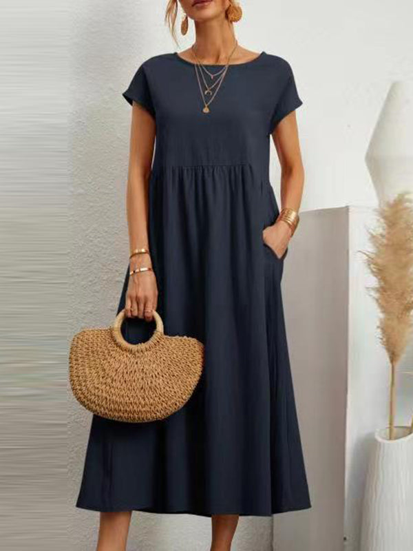 Pleated Solid Color Loose Short Sleeves Round-Neck Midi Dresses