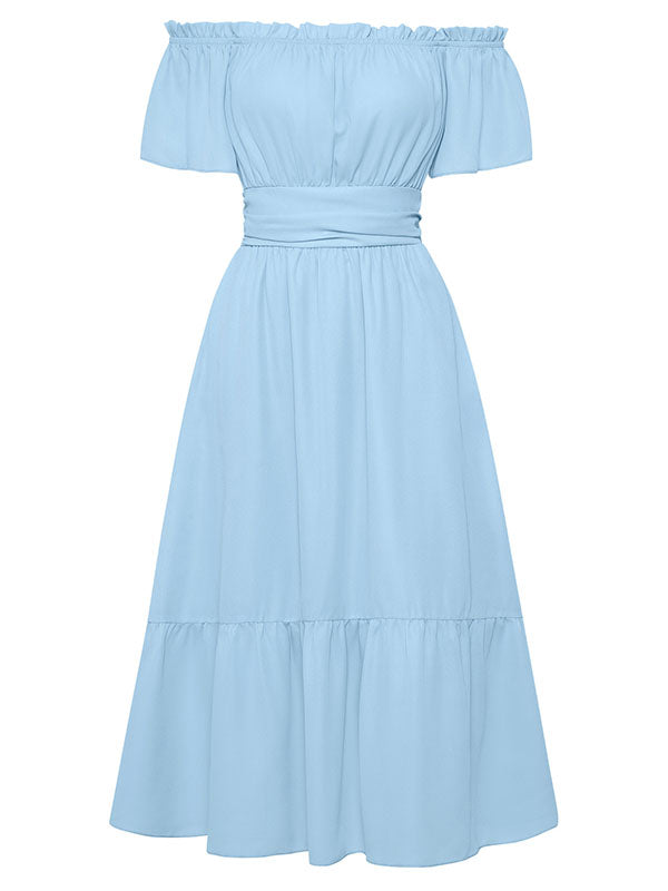Vacation Short Sleeves A-Line Solid Color One-Shoulder Midi Dress