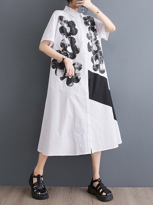 Asymmetric Buttoned Flower Print A-Line Loose Lapel Shirt Dress Midi Dresses