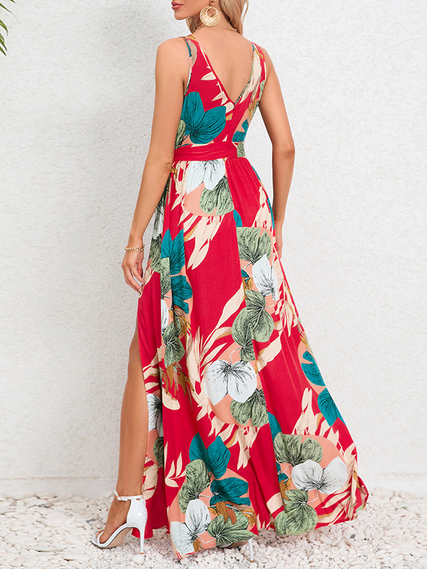 Flower Print Pleated Split-Front Tied Waist A-Line Loose V-Neck Maxi Dresses
