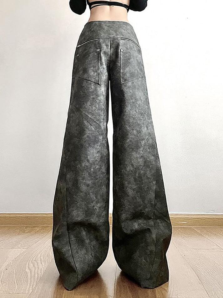 Low Waist Tie Dye Panel Faux Leather Wide Leg Pants