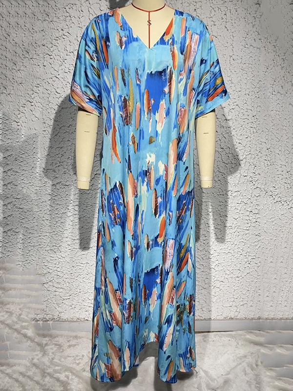 Multi-Colored Printed Loose Short Sleeves V-neck Maxi Dresses