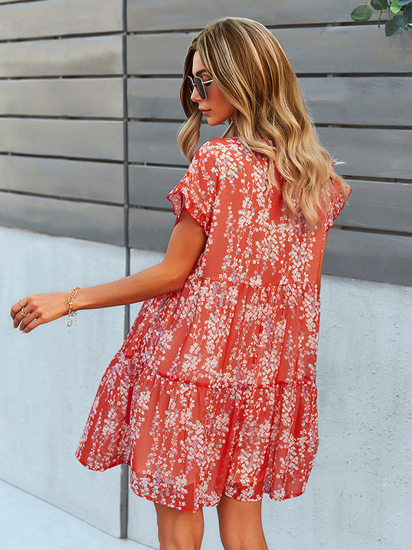 Bohemia Flared Sleeves Floral V-Neck Dress