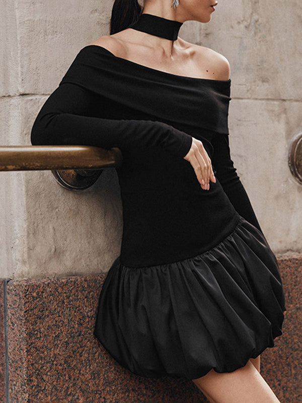 Contrast Color Pleated Split-Joint High Waisted Long Sleeves Off-The-Shoulder Mini Dresses