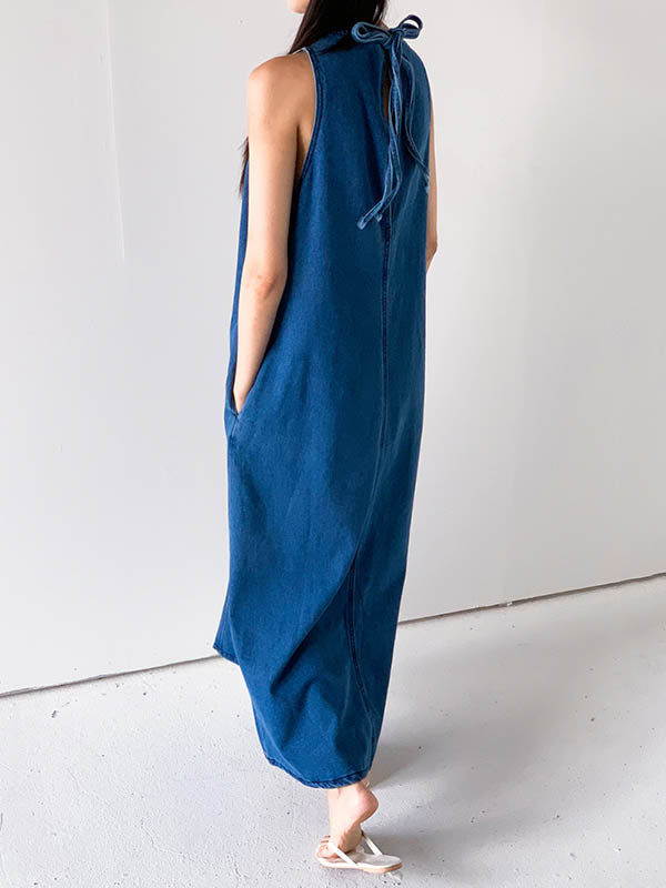 Pockets Solid Color Tied A-Line Loose Round-Neck Maxi Dresses
