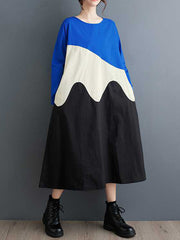 Contrast Color A-Line Long Sleeves Round-Neck Midi Dresses