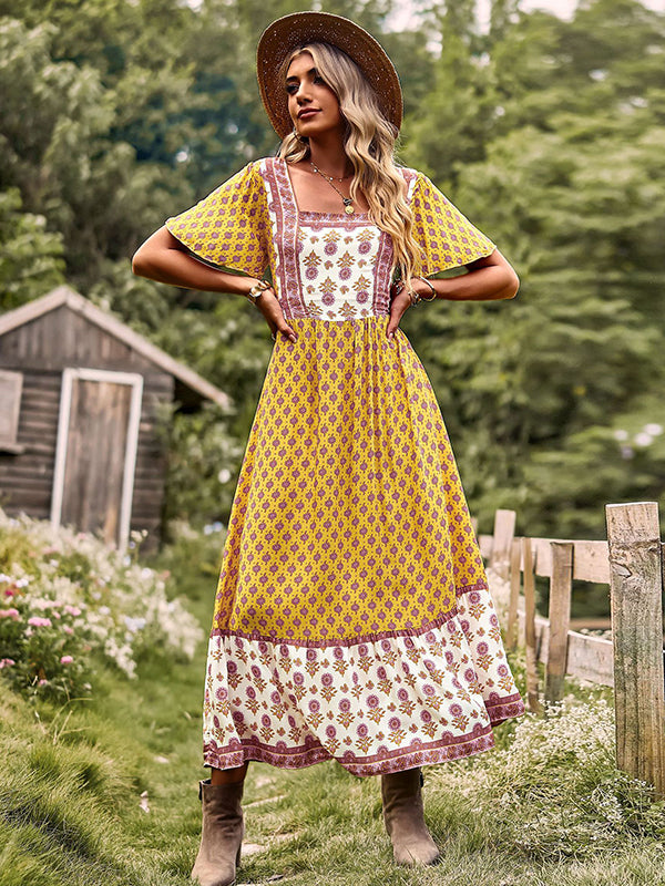 Bohemia Flared Sleeves Loose Floral Printed U-Neck Maxi Dress