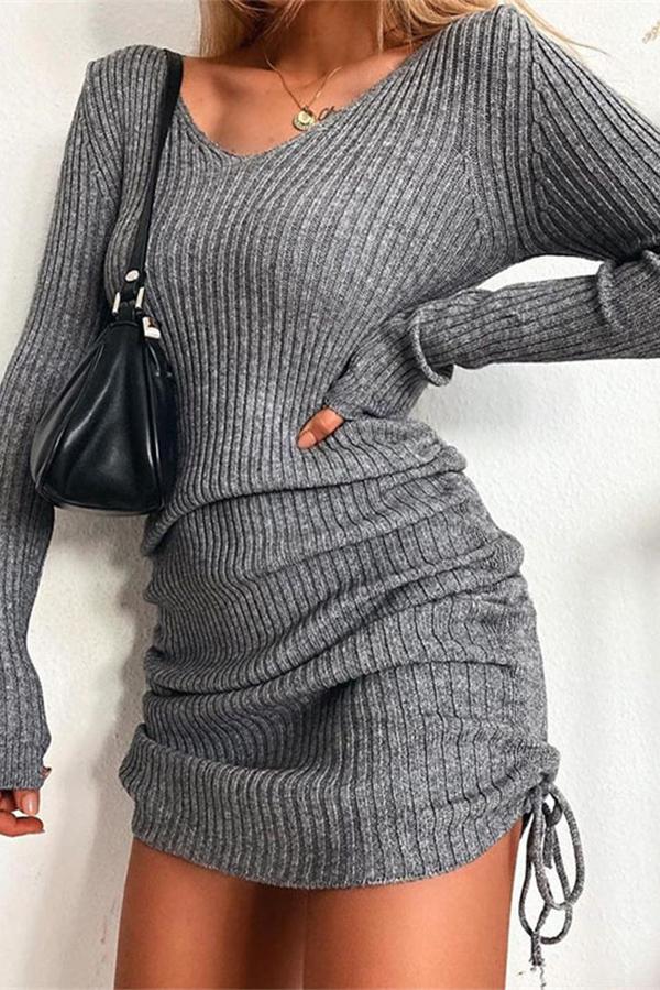 V Neck Side Drawstring Knit Mini Dress