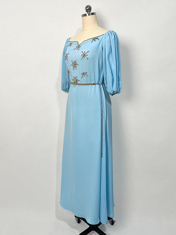 Vacation Loose Puff Sleeves Solid Color One-Shoulder Dress