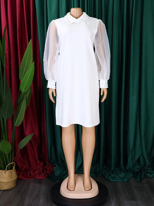 Beads Mesh Solid Color Split-Joint Puff Sleeves Round-neck Midi Dresses