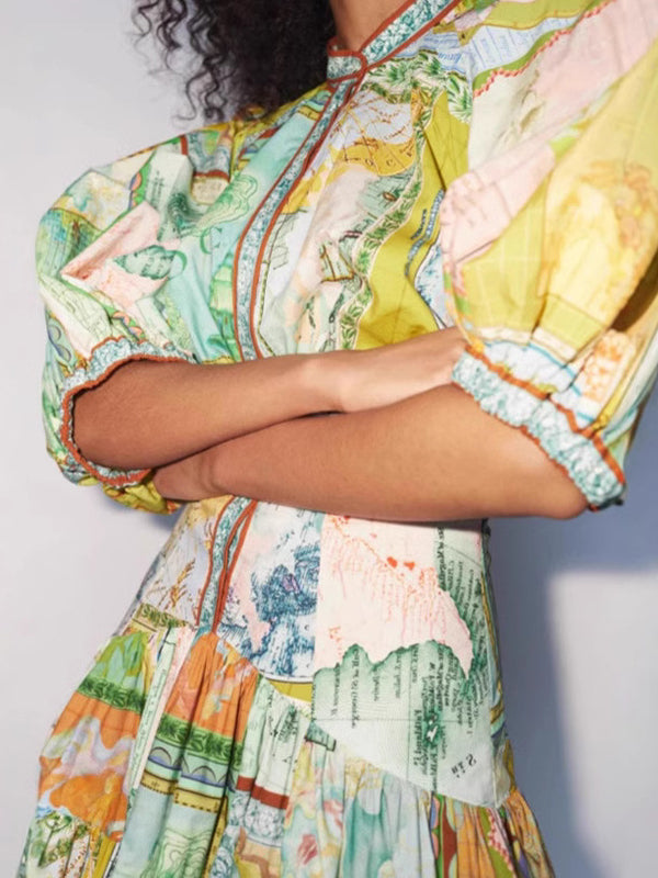 Floral Print Patchwork Half Sleeves Ruffled Mini Dresses