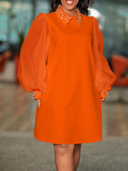 Beads Mesh Solid Color Split-Joint Puff Sleeves Round-neck Midi Dresses