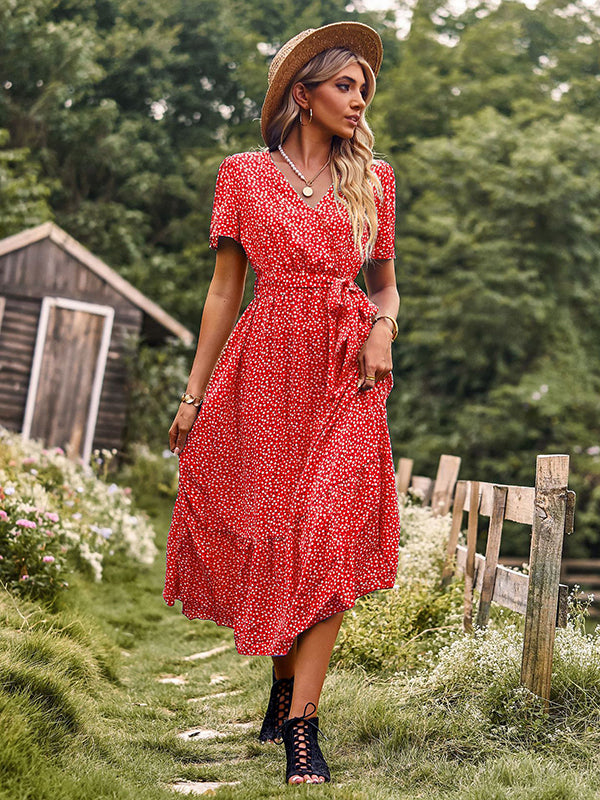 Bohemia A-Line Lace-Up Polka-Dot V-Neck Maxi Dress