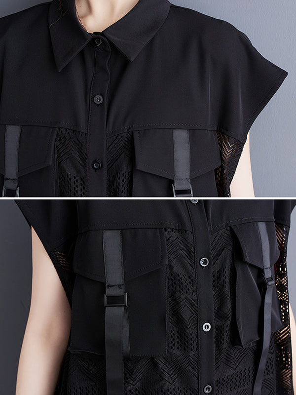 Gauze Pockets Split-Joint Tasseled Short Sleeves Lapel Midi Dresses
