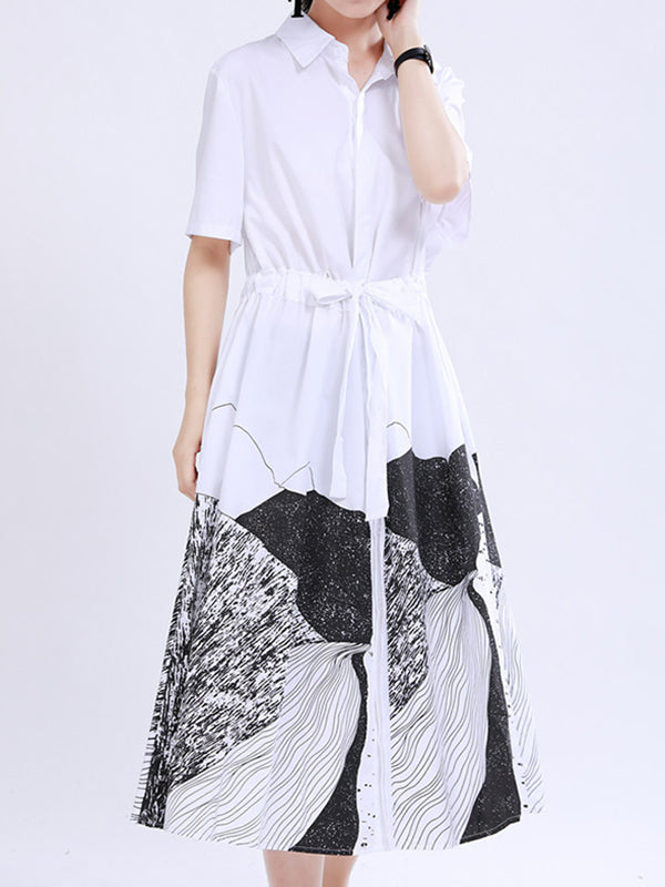 Contrast Color Drawstring Printed Tied Waist Loose Short Sleeves Lapel Shirt Dress Midi Dresses