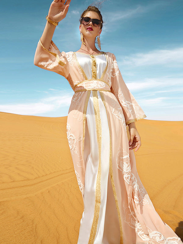 Vacation Loose Long Sleeves Embroidered Solid Color Round-Neck Dress
