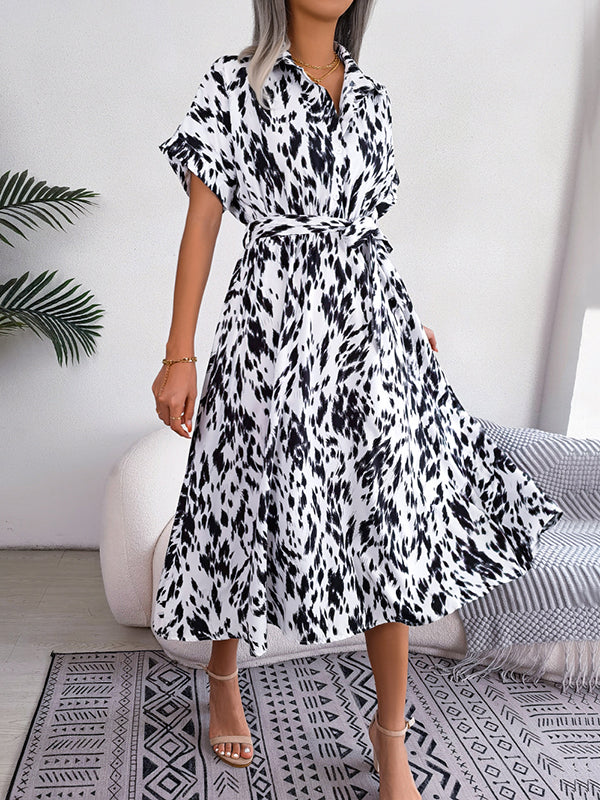 Leopard Ribbed Loose Short Sleeves Lapel Midi Dresses