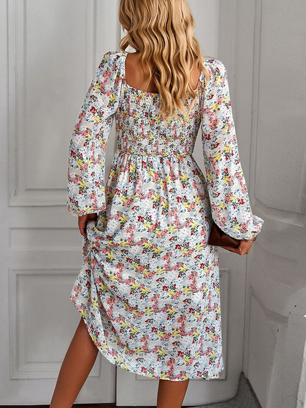 Vacation Loose Long Sleeves Floral Printed U-Neck Midi Dress