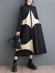 Buttoned Pockets Printed A-Line Long Sleeves Lapel Shirt Dress Midi Dresses