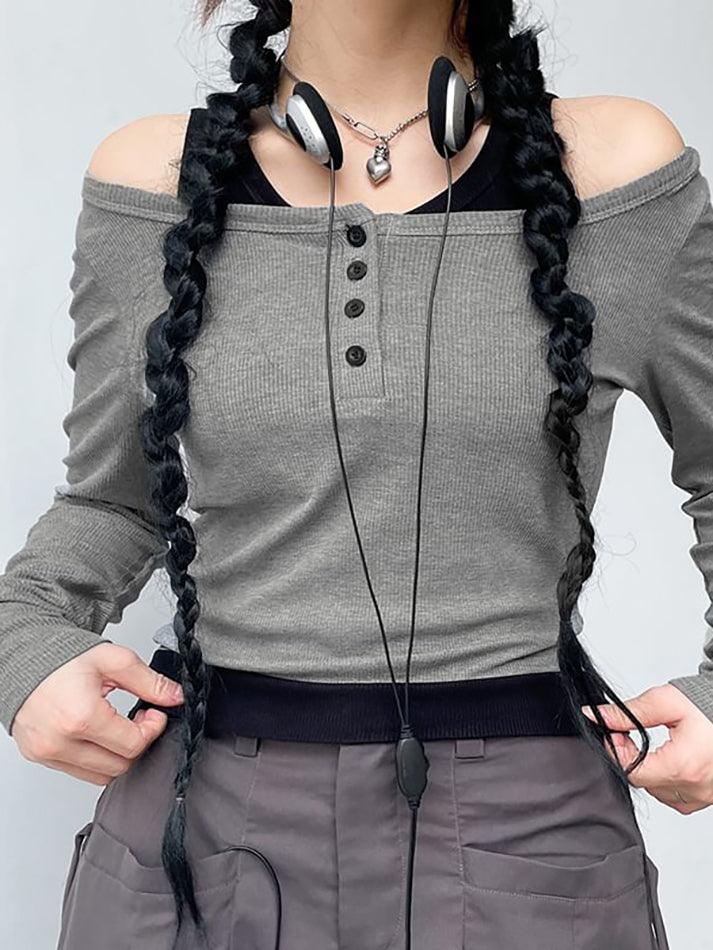 Long Sleeve Mock Two Piece Color-Block Crop Top