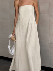 Elasticity Pockets Solid Color Zipper A-Line Loose Tube Maxi Dresses