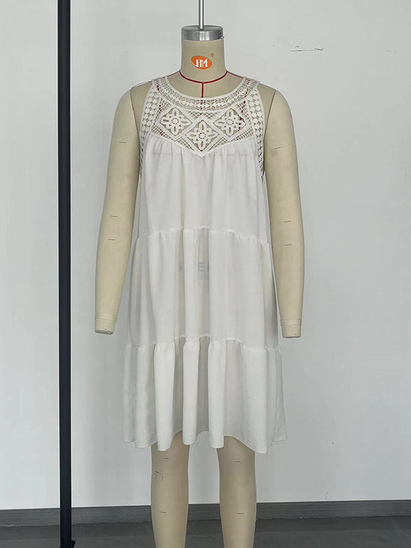 Hollow Pleated Solid Color Split-Joint A-Line Loose Round-Neck Mini Dresses