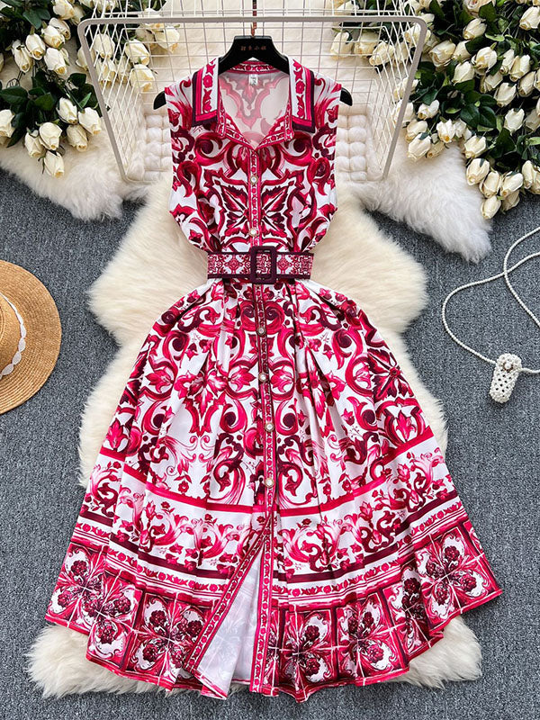 Belt Buckle Buttoned Contrast Color Floral Printed Sleeveless Midi Dresses