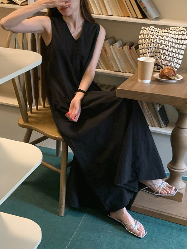 Solid Color Loose Sleeveless V-Neck Midi Dresses