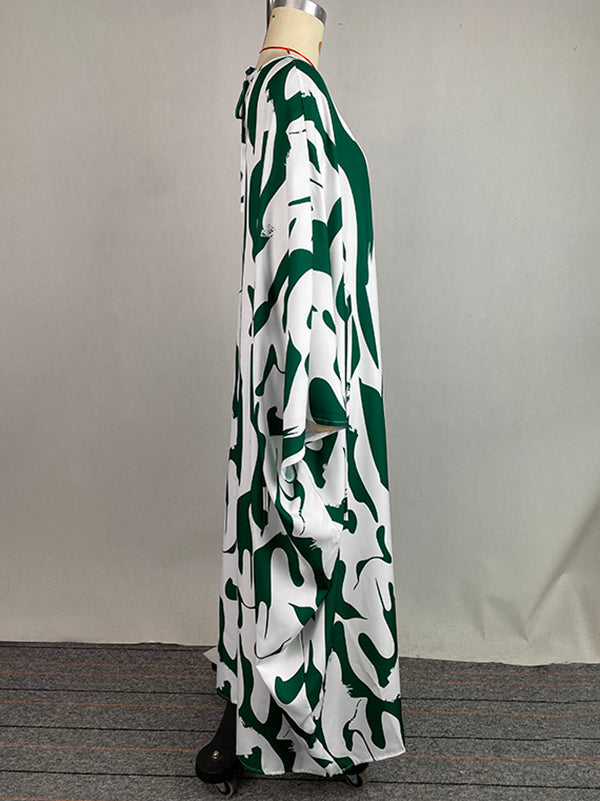 Batwing Sleeves Loose Contrast Color Printed Round-Neck Maxi Dresses