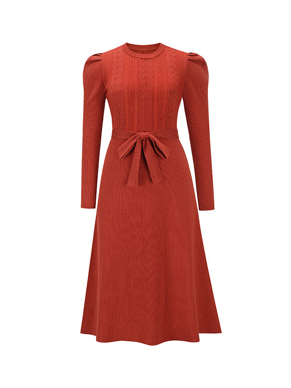 Solid Color Tied Waist High Waisted Long Sleeves Round-Neck Sweater Dresses Midi Dresses