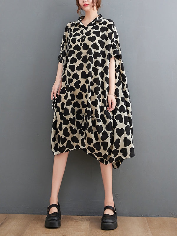 Heart Print Batwing Sleeves Irregular clipping Lapel Midi Dresses